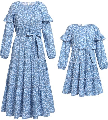 IDOPIP Mutter und Tochter Kleid Langarm Kleid Herbst Winter Maxikleid Lang Strandkleid Familien Boho Freizeitkleid Mama Mädchen Passend Familie Kleidung Familie Passendes Outfit Blume-blau XXL
