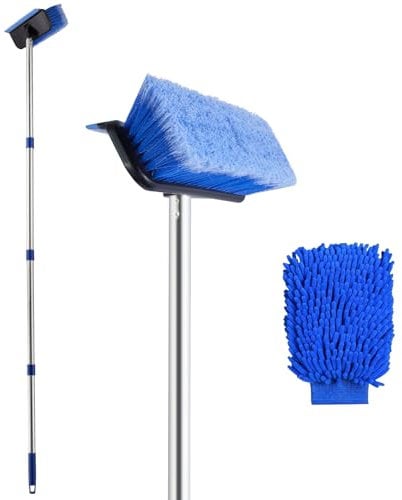 60 Car Wash Brush with Rubber Squeegee Long Handle, Car Wash Mitt Included, Soft Bristle Washing Kit for Cleaning RV, Truck, Boat, Solar Panel, Deck