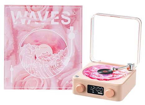 The Waves Lecteur vinyle, haut-parleur pour tourne-disque avec lumière réglable, horloge numérique, 4 effets sonores naturels et son surround à 360° (rose)
