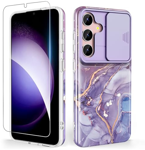 SHEDEER für Samsung S25 Hülle mit Verschiebbarer Kameraabdeckung + Displayschutz, Samsung Galaxy S25 Hülle Anti-Vergilbung Schick Muster, Stoßfest Schlank Dünn Handyhülle für S25 6,2'', Violett