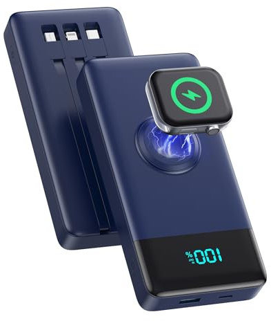Power Bank 10800mAh con 3 Cables Integrados & Cargador para Apple Watch,6-in-1 Bateria Externa PD 25W+QC4.0 USB C Carga Rapida Bateria Portatil con Pantalla LCD para i-Watch/iPhone/Samsung-Azul Oscuro