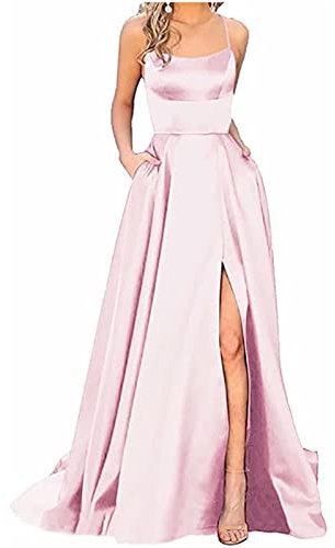 Robe de Soirée Longue Grande Taille Fendue Sexy Dos Nu Chic et Elegant Spaghetti Sangle Couleur Unie en Satin Maxi Robe de Gala Promo Demoiselle d'honneur Mariage Prom Dress,Rose,XS