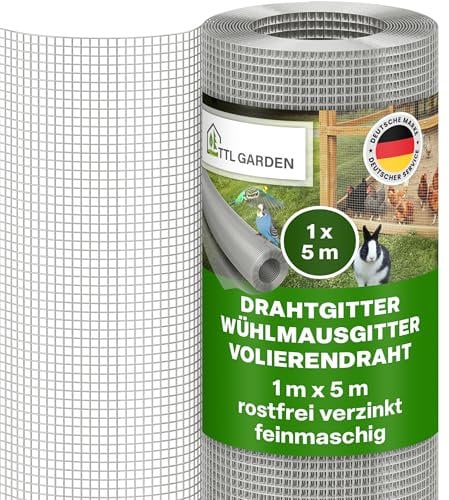 TTL GARDEN 1 m x 5 m rete metallica zincata a maglia fine antiruggine 6,3 mm, maglia 0,55 mm, spessore filo – su rotolo di rete metallica per voliera, rete per topi ad arvicole, 5 m x 1 m di larghezza