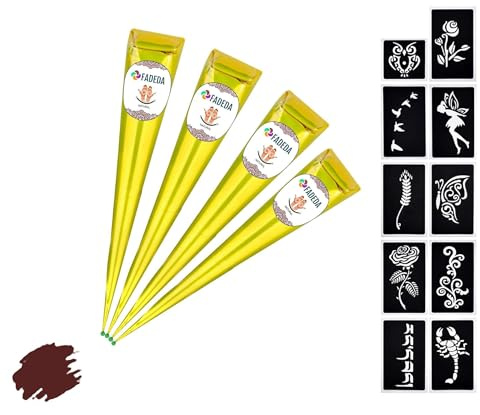 4x FADEDA Henna Kegel | 4x 25g natürliche Paste | Natur-Braun | 10 verschiedene Sticker-Schablonen | 100 % pflanzlich | gebrauchsfertig & ohne PPD