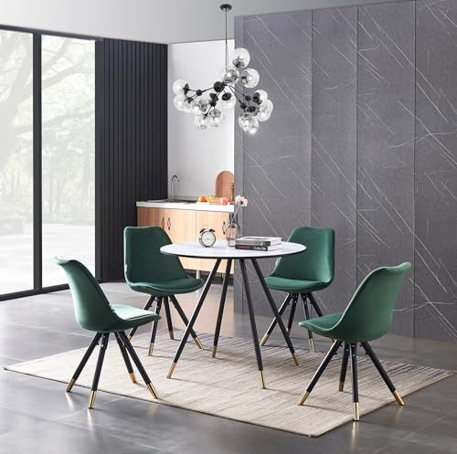 P&N Homewares Sofia Dorchester LUX Round Dining Table Set – Marble Effect Top, 4 Velvet Chairs – Scandinavian Style, Black Metal Legs with Gold Tips – Kitchen Dining Room Furniture
