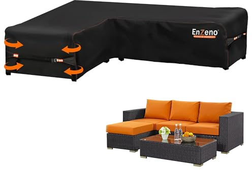 Enzeno Garden L-Shape Furniture Cover Waterproof,420D Heavy Duty Oxford Fabric Outdoor Rattan Corner Sofa Cover with Waterproof Tape (180 * 250 * 90cm) Black