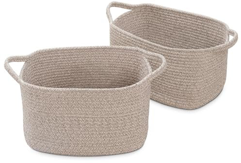 Woodluv Woven Storage Basket of 2, Cotton Rope Basket for Shelves, Baskets Storage for Toys, Books, Shoes, Home Bathroom Decor, 33x23x20cm, Beige