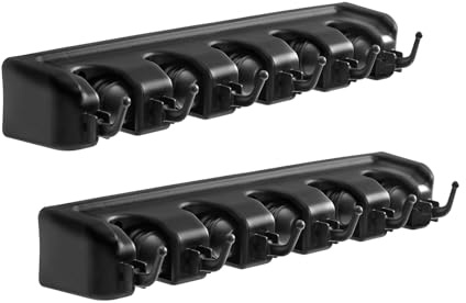 Broom Mop Holder Wall Mounted Heavy Duty Broom Storage with 5 Slot 6 Hooks Utility Room Storage Solutions for Broom Cupboard Kitchen Bathroom Garage and Garden Tool Organiser (2*Black)