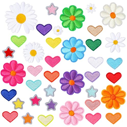 48 Pcs Daisy Flower Embroidered Sewing Patches Colorful Flower Iron on Patches Cute Flowers Star Heart Applique Patch for Repair DIY Crafts Clothing Jackets Jeans Pants Hats Backpacks