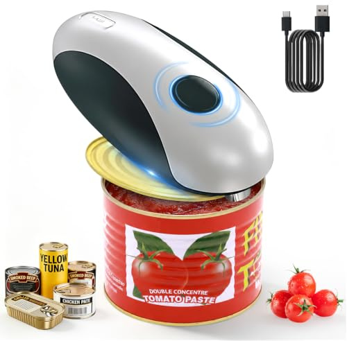 Qivine Electric Tin Opener UK Hand Free, One Touch Electric Can Opener with Smooth Edges & Safe to Use for Almost Sizes of Cans, Tpye-C Rechargeable, Kitchen Best Choice, Powerful for Seniors, Cooks