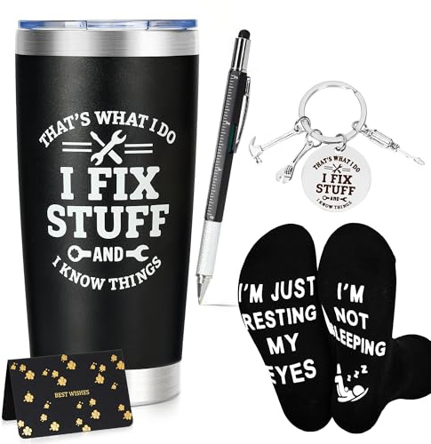 Rilcn Birthday Gifts for Men, Funny Tumbler Multi Tool Pen Gift Set for Dad | Includes 20 oz stainless steel travel tumbler, 6-in-1 multi-tool pen, soft socks, keychain, greeting card for Dad, Husband