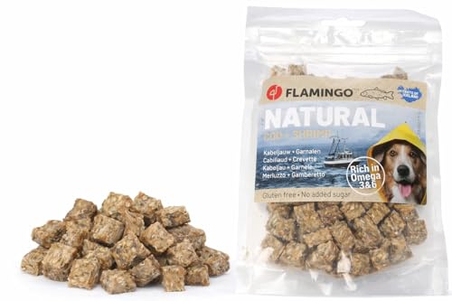Leckerli Hund – Kabeljau & Garnele Stückchen – 75g – Proteinreich & natürlich getrocknet – Flamingo