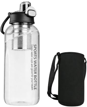 1.5L Wasserflasche Glas Mit Sieb, Glastrinkflasche Mit Edelstahl Sieb, Trinkflasche Glas Flasche mit Strohhalm, Teeflasche, Transparent Borosilicate Bottle Für Sport, Büro, Schule Outdoor, Schwarz