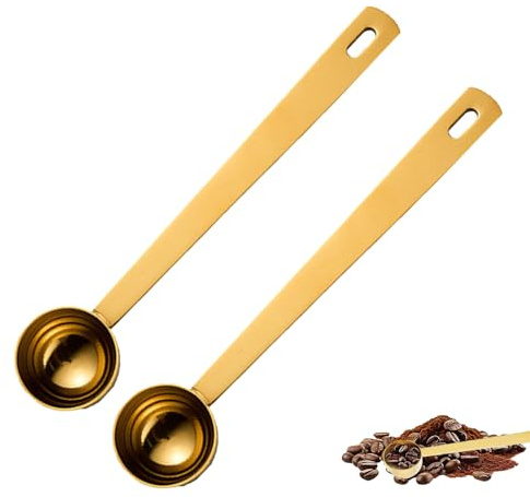 2Pcs 5g Coffee Scoop, Durable Gold-Coloured Stainless Steel Measuring Spoon, Multi-Purpose Long Handle Scoop for Ground Coffee, 5ml Precision Measure for Protein Powder, Milk Powder & Sugar