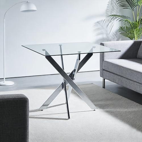 kozamas Mesa de comedor cuadrada de cristal templado de 80 x 80 cm, mesa de cocina moderna con sacros plateados, mesa de comedor para 2 a 4 personas, color plateado