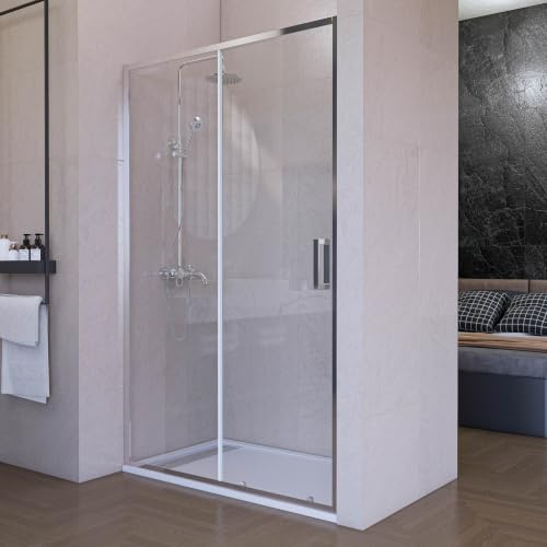 Mampara de ducha frontal corredera 110 cm 1 puerta + 1 fijo Plata cromo Cristal transparente 6 mm con perfil inferior 195 cm altura