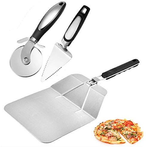 Pizza Cutter Set, Pizza Peel+Pizza Shovel+Pizza Cutter Wheel, 3 in 1 Set Rubber Handle 430 Stainless Steel Foldable Pizza Paddle for Homemade Baking Pizza/Bread/Cakes/Biscuits (3 in 1 Square)