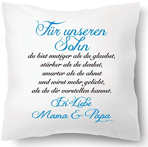 Farbwuselei Kissen mit Spruch Für unseren Sohn In Liebe Mama und Papa Blau Kissenhülle Inlay Kissenbezug Geschenk Eltern
