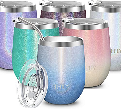 THILY Vaso de vino de acero inoxidable de 12 onzas, copa de vino aislada al vacío sin tallo con tapa deslizante y popote reutilizable, mantiene las bebidas calientes y frías, perfecto para café,