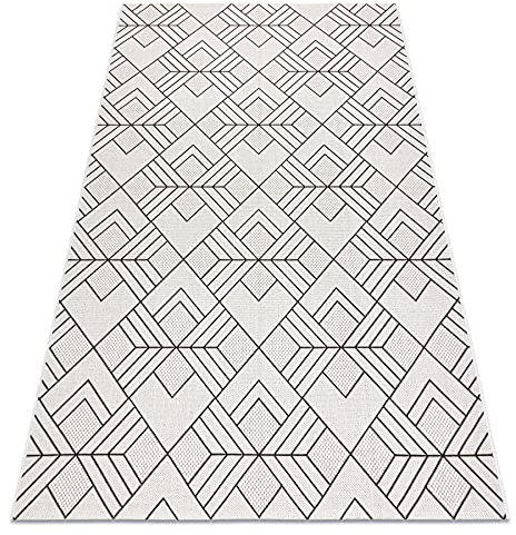 Teppich SISAL Flat Indoor Outdoor – Wetterfest & Pflegeleicht – Modern & Robust – Für Wohnzimmer Balkon Terrasse – Quadrate Diamanten Muster – Creme/Grau 80x150 cm