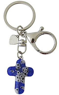Schlüsselanhänger mit Kreuz aus Murano-Glas dunkelblau