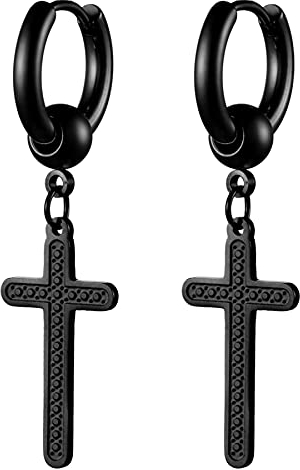 JewelryWe Schmuck Damen Herren Creolen Ohrringe Edelstahl Kreuz Kruzifix Ohrhänger Ohrstecker Silber Gold Schwarz Hip hop Geschenk