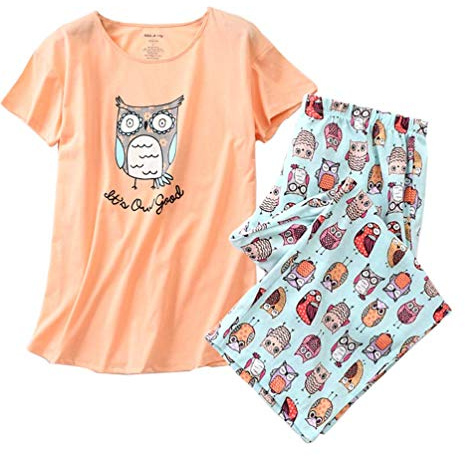 ENJOYNIGHT Womens Pyjamas Short Sleeve Top and Cropped Bottoms Pjs Set Cotton Loungewear Cute Print Nightwear (Medium,Orange Owl2)