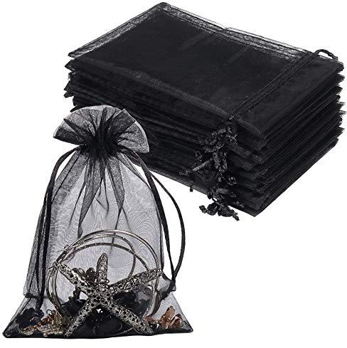 YQL 100PCS Schwarz Organzasäckchen 10X15cm, Kleine Beutel mit Zugband, Organza Säckchen für Schmuck Süßigkeiten Make-up Baby Shower Valentinstag Jubiläen Hochzeit Weihnachtsfest