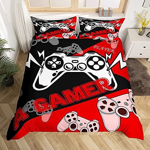 Homewish Gamer Duvet Cover For Boys&girls Double,Gaming Bedding Set Kids Teens Youth Room Decor Video Game Comforter Cover,Reversible Red Black Gamepad Quilt Aesthetic Bed 2 Pillow Cases, Multi 17