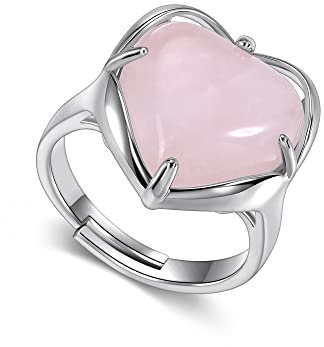 JSDDE Rose Quartz Healing Crystal Stones Ring Adjustable Heart Crystals Gemstone Rings Jewelry for Women Valentines Gift