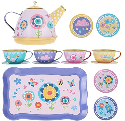 NUOBESTY Pretender Play Tea Party Set Tinplate Tetera Set Tarde Tea Time Playset con Tetera Pintada Coloridas Tazas De Té Taza De Ta Bandeja De Té Platos De Té para Niñas Niños Regalo