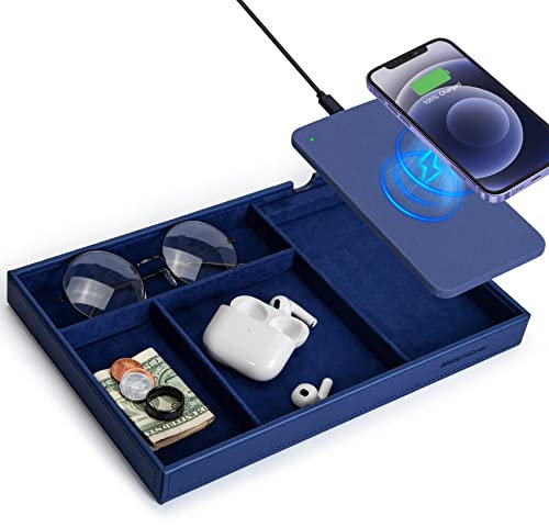 Valet Tray, Built in Wireless Charging Pad, Nightstand Organizer, Bedside Organizer, Mens Jewelry Box, Everyday Carry Tray for Men and Women -Blue
