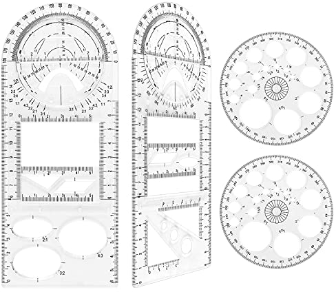 Norhogo 4 Stück Multifunktionales Geometrisches Lineal Set, 2 Dreikantmaßstab, 2 Kreisschablone 360 Grad, Geometrische Zeichnungsschablone Messwerkzeug Lineal