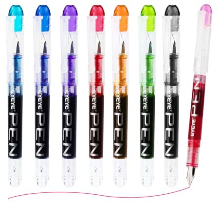 EYEYE Disposable Fountain Pens, 8 Pack Multicolor Fine Point Fountain Pens for Writing, Stainless Steel Nib, Smooth Writing for Calligraphy, Journaling, Drafting, Sketching, Doodling & Gifts