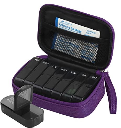 yeloumiss Tablettenbox 7 Tage Pillendose Morgens Abends (Violett) | Tragbare PU Leder Pillentasche mit Reißverschluss Medikamentenbox Wochenbox für Medikamente Kapsel Vitamine Fischöl