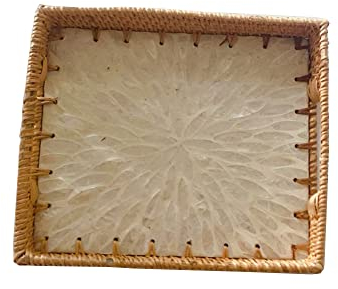 MNSSRN Vassoio di Vimini Rettangolare con Base in Legno intarsiata e Inserimento Intarsia,B/S