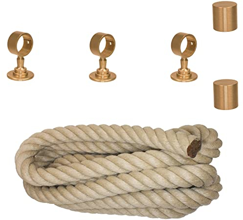 Handlaufseil Set 30mm - bestehend aus 2 Endkappen 3 Seilträger Messing matt und 3m Nature Touch Handlaufseil naturfarben