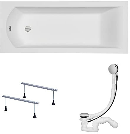 KOLMAN Badewanne SHEA Rechteck 160x70 ohne Verkleidung, Ablaufgarnitur und Füßen Komplettset 3in1 Premium Original Acryl Wanne Siphon