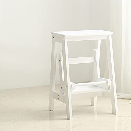 LUDIST Escabeau Blanc 2 Marches en Bois Grandes Marches Échelle Multifonction Pliante Marche de Cuisine Sécurité Marche Antidérapante pour Intérieur et Extérieur, Max 150kg