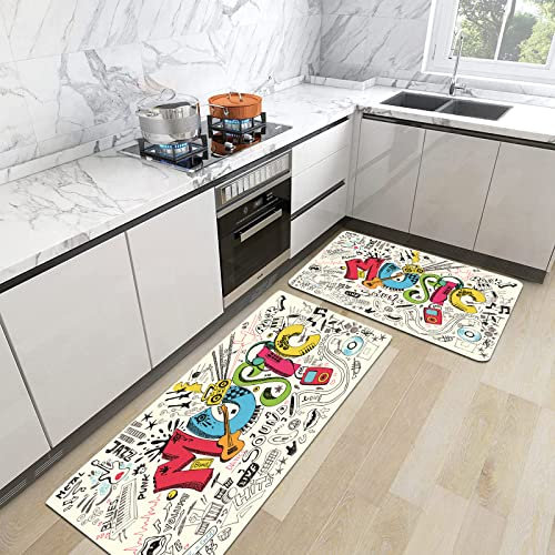 2er Küchenteppich Waschbar Rutschfest Teppich,Musik Pop Art Featured Doodle Stil Musikalischer Hintergrund mit Instrumenten Sound Art Illustration,Küche und im Esszimmer Badematten Set mit Rückseite