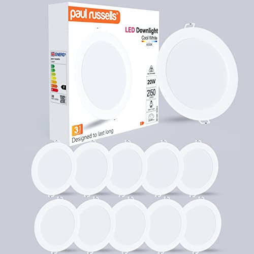 paul russells LED Ceiling Downlights, 20W Slim Recessed Bathroom Downlights, Kitchen Ceilings, 2150 Lumens, 4000K Cool/Natural White, Cutout 170-180mm, Round Non-Dimmable Panel Spotlights, 10 Pack