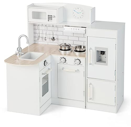 COSTWAY Eck Spielküche mit separatem Kühlschrank, Kinderküche Holz mit Sound, inkl. Spielzubehör, für Kinder ab 3 Jahre, weiß, 86 x 65 x 85cm