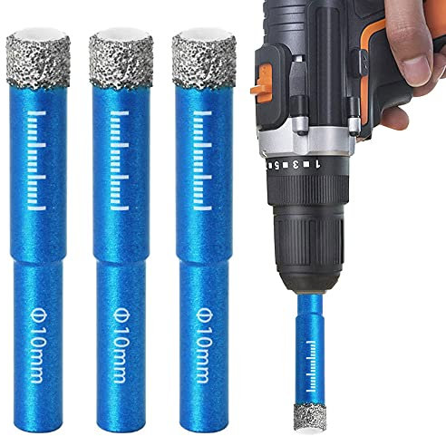 3 Pcs 10mm Diamond Tile Drill Bit Set for Granite, Ceramic, Marble, Stone, Glass - Hard Materials Round Shank Dry Drill Bits