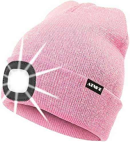 ATNKE LED Beleuchtete Mütze,Wiederaufladbare USB Laufmütze mit Licht Extrem Heller 4 LED Lampe Winter Warme Stirnlampe für Herren und Damen Geschenke/Blended Pink Goldwire