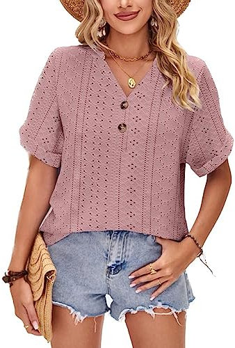 LEKOPUR Chemisier d'été à manches courtes pour femme - Col en V - Printemps élégant - Chemisier décontracté - Motif perforé - Automne, vieux rose, XXL