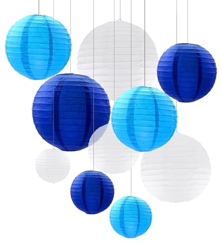 ZYOOO 10 Stück Blau Weiße Papierlaterne Lampion rund Lampenschirm (Set 3 Farben à 25cm, 20cm,15cm,10cm) Lampions Hochzeit,Deko Gartenparty,Bride to Be Deko