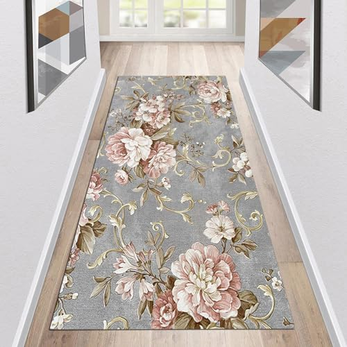 Siunwdiy Teppich Läufer Flur Küche rutschfest Waschbar Grau Küchenläufer Lang Modern Korridor -Teppichläufer Küchenteppich Rosa 3D-Blumenmuster Meterware Anpassbar,Zl002,100x300cm
