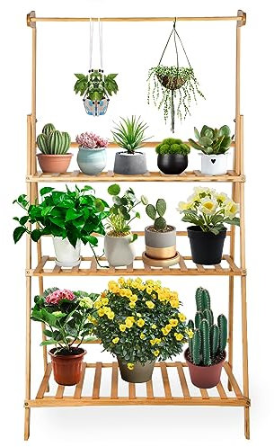 HUOLE Blumenständer, Blumenregal aus Massivholz, Pflanzenregal, Platzsparend & Multifunktional Blumenbank für Balkon/Terrasse/Garten-70*40*141cm-Block