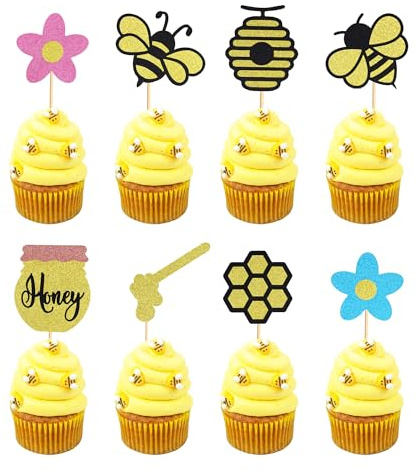 Arthsdite 24 Stück Hummel-Cupcake-Topper, Honigblume, Wabenbiene, Cupcake-Picks, Babyparty, Kuchendekorationen für Bienen-Thema, Babyparty, Kindergeburtstag, Partyzubehör