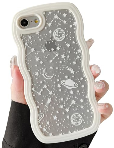 ZTOFERA Wavy Case for iPhone 7/8/SE 2020/SE 2022, Cute Clear Protective Case with Planet Star Moon Pattern, Hard PC Colored Wave Frame Soft Silicone Bumper Shockproof Cover for Girls Women, Cream